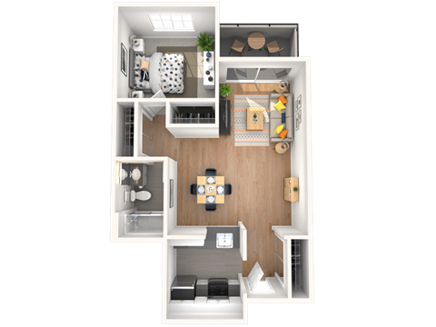A top-down view of a small, neatly organized apartment with a kitchen, living room, and bathroom.